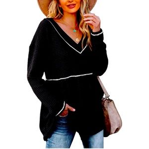 Waffle V Neck Tunic Sweater